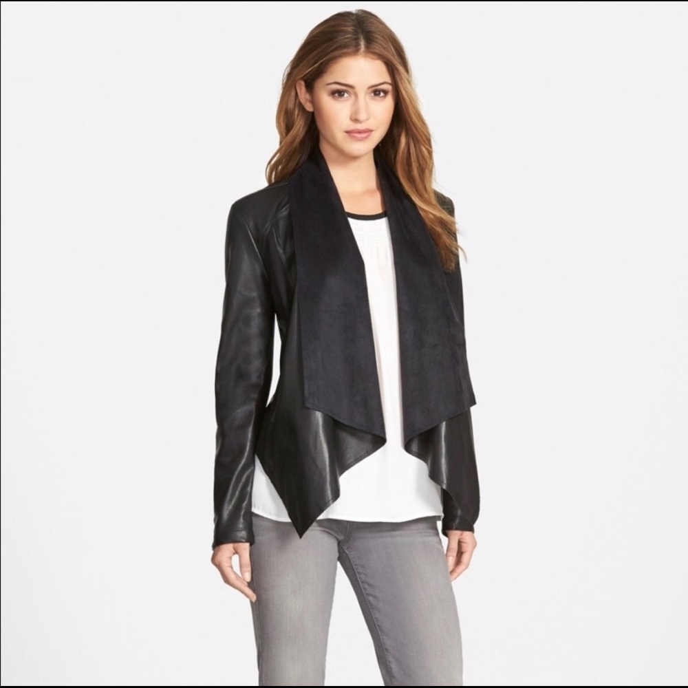 ‘Ana’ Faux Leather Drape Front Jacket